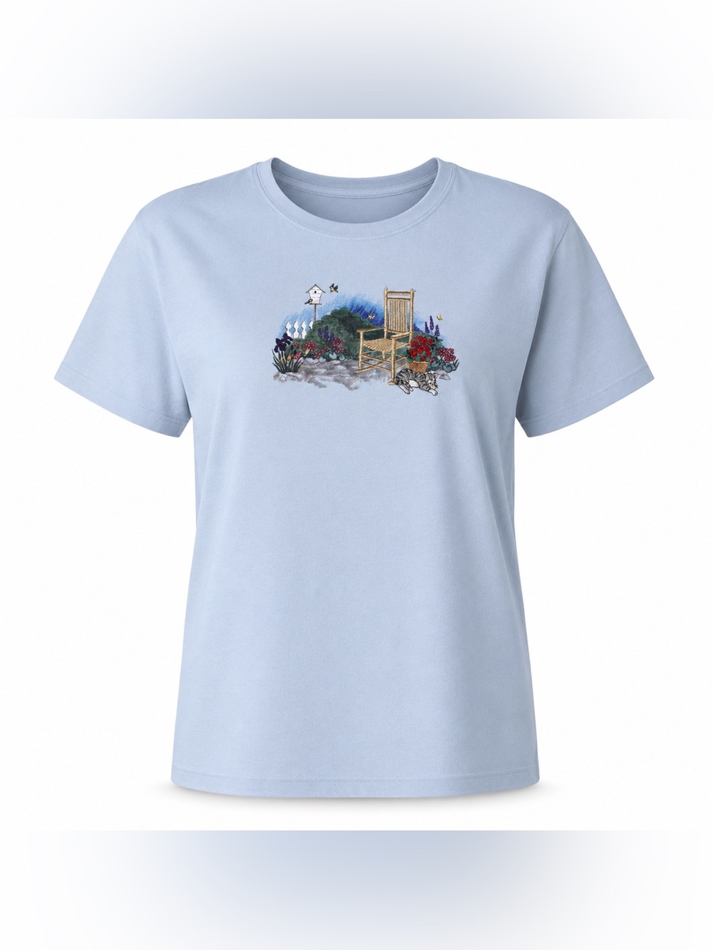Vintage Light Blue Short Sleeve Tee with Garden Chair Cat Graphic